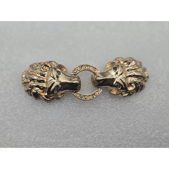 Rare Vtg Gold Tone Two Tiger Heads Green Belt Buckle With Green Bedazzled Eyes